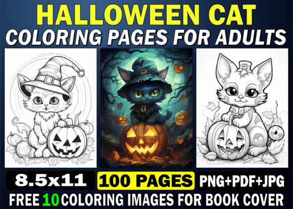 100 Halloween Cat Coloring Pages for KDP