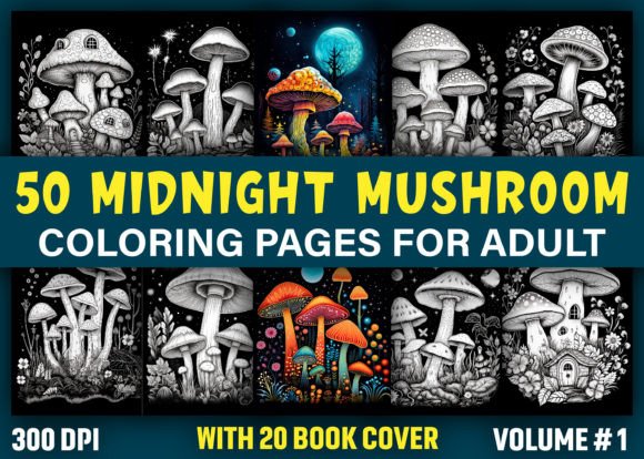 50 Midnight Mushroom Coloring Book Pages for Creative Adults