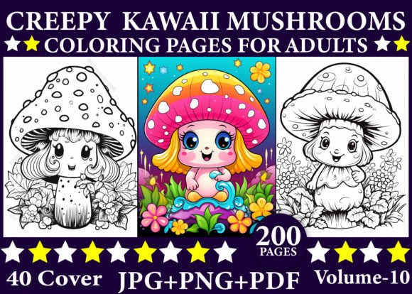 Creepy Kawaii Mushrooms Coloring Pages: A Unique Creative Resource for Adults